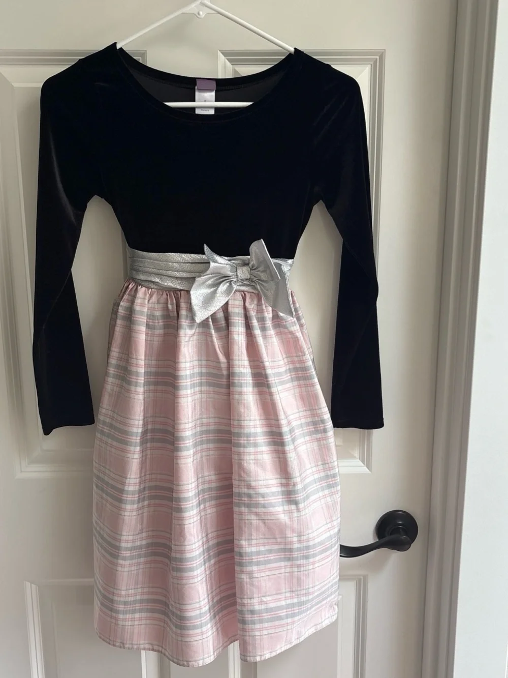 Dollie & Me Black Velvet Top Pink Plaid Skirt Dress with Silver Bow